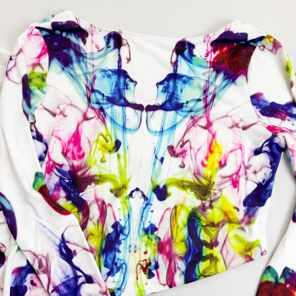 ASOS Low Back Wiggle Midi Dress US 10 NWT Abstract Watercolor Print Mesh Panel - Picture 4 of 11